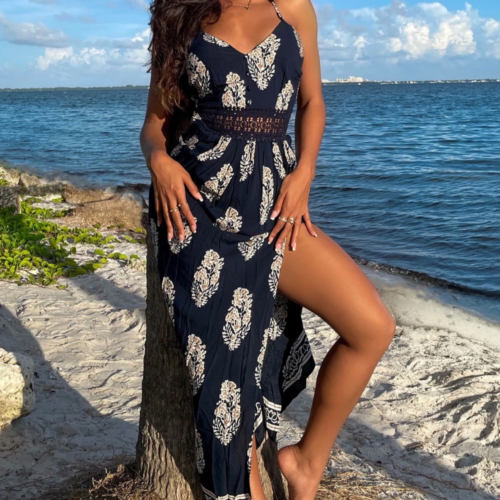 Beach Vacation Navy Blue Holy Slit Maxi Dress Fashion Nova